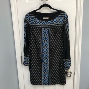 Loft Black Blue Mosaic Bell Sleeve Shift Dress Loose Fit Boho Small Cottagecore